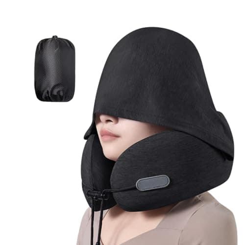 FANPOI Travel Neck Pillow with Privacy Hoodie Memory Foam 360° Neck & Chin Support Portable with Carry Bag Airplane Sleeping Pillow for Comfort (Black)