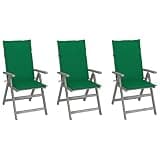 Makastle Patio Reclining Chair Set, Grey, 22.4 x 27.2 x 43.3 Inches, 39.01 Pounds, with Green Cushions, 5-Position Adjustable Backrest, Assembly Required, Rectangular, 3 Piece Solid Acacia Wood