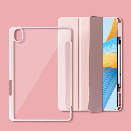 HurrayA Tri-Fold Smart Tablet Case for Huawei MatePad Pro 13.2,with Pencil Holder, Clear Transparent Back Shell Slim Stand Shockproof TPU Cover, Auto Wake/Sleep(Pink)