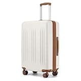 Kono Lightweight 28 Inch Expandable Luggage with Quiet Spinner Wheels TSA Lock, Scratch and Drop Resistant PC+ABS Hardside Durable Large Checked Suitcase, Cream White & Brown