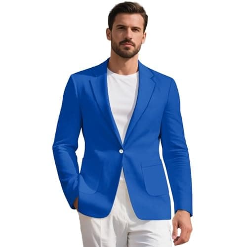 Xsehusvy Men's Casual Knit Blazer Lightweight Yoyal Blue Sport Coat Notched Lapel Classic Fit Suit Tops with Pockets Causal One Button Blazer for Party Dating Banquets, Medium