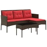 KHGPOTYU Contemporary L-Shaped Garden Sofa Set with Glass Table, Brown and Red Poly Rattan Patio Sofa with Cushions