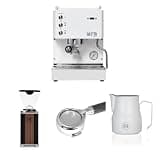 Diletta Mio Espresso Machine (White) Bundle with Giannino Espresso Grinder (Black & Wood), 58mm Bottomless Portafilter & 12oz Frothing Pitcher (Matte White)