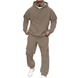 CMELTANM Men's 2 Piece Tracksuit Set Hoodie & Cargo Joggers Sweatpants Athletic Sweatsuit Khaki
