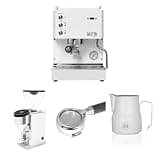 Diletta Mio Espresso Machine (White) Bundle with Rocket Faustino Grinder (Chrome), 58mm Bottomless Portafilter & 12oz Frothing Pitcher (Matte White)