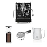 Diletta Bello+ Espresso Machine (Black) Bundle with Rocket Giannino Grinder (Black/Wood), 58mm Bottomless Portafilter & 12oz Frothing Pitcher (Matte White)