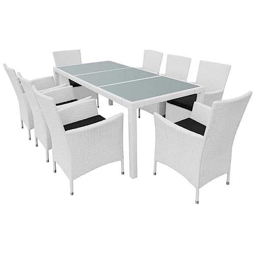 hliofuir 9-Piece Outdoor Dining Set, Rectangular Poly Rattan Patio Table and 8 Cushioned Chairs, Large Wicker Furniture Set for Backyard and Garden, Cream White and Black