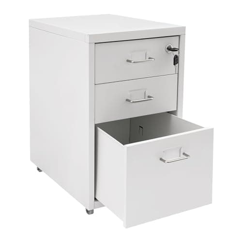 TREMENPOW Vertical File Cabinet, 3-Drawer Mobile Metal Organizer with Lock, Rolling Storage Chest, Filing Cabinet Under Desk, Anti-Tip Drawers, for Office, Study, Bedroom, Living Room