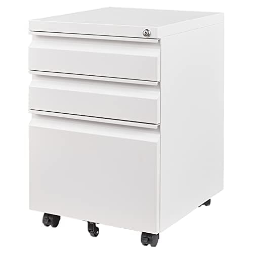 BYNSOE 3 Drawers File Cabinet with Lock Metal Vertical File Cabient with Wheels Mobile File Cabinet for Office Home Fully Assembled (White)