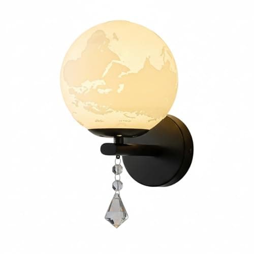 Wpplk Black Modern Nordic Wall Sconce, Creative World Map Globe LED Light Fixture with Crystal Drop. Frosted Glass Sphere Lamp, Unique Aesthetic Warm White Lighting for Bedroom(Black)