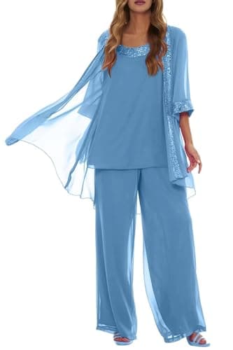 3 Pieces Mother of The Bride Pant Suits for Women Dressy - Chiffon Sparkly Sequin 3/4 Sleeve Wedding Guest Formal Outfit Sky Blue Size 8