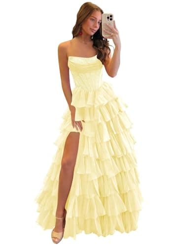 MKTERILYS Strapless Prom Dress Tiered Ruffle Sparkly Formal Evening Party Cocktail Gown with Slit Yellow