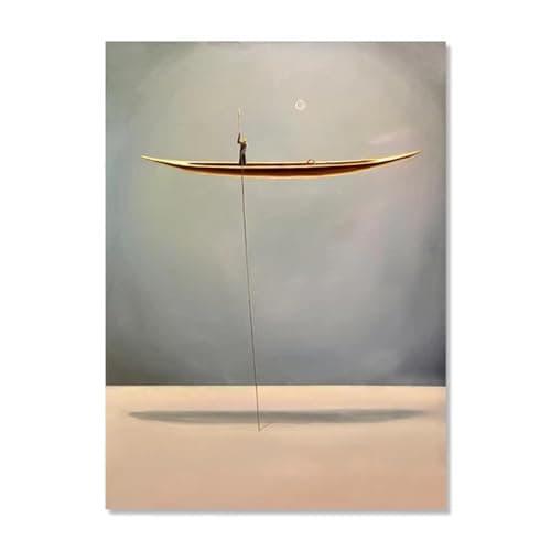 AOXUBI New Chinese Style Gold Boat Canvas Abstract Natural Landscape Painting Print Nordic Living Room Canvas Wall Art 60x105cm/24x41in With-Frame