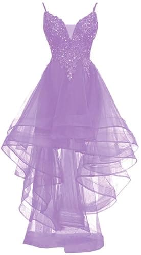 Short Prom Dress for Teens with High Low Spaghetti Strap Tulle Homecoming Dresses Glitter Laces Appliques Lilac