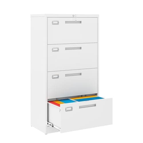 MIIIKO 4 Drawer Lateral File Cabinet with Lock, Black Lateral Filing Cabinets, Metal Storage File Cabinets for Letter/Legal/F4/A4 Size