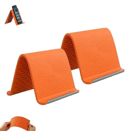 Foldable Silicone Aluminum Holder, Flexible Silicone Phone Stand, Portable Travel Must Core Multi Angle Adjustable Phone Stand for Smartphones Tablets Readers (Orange x2)