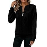 Womens Quilted Sweatshirts Quarter 1/4 Zip Textured Pullover Tops Black