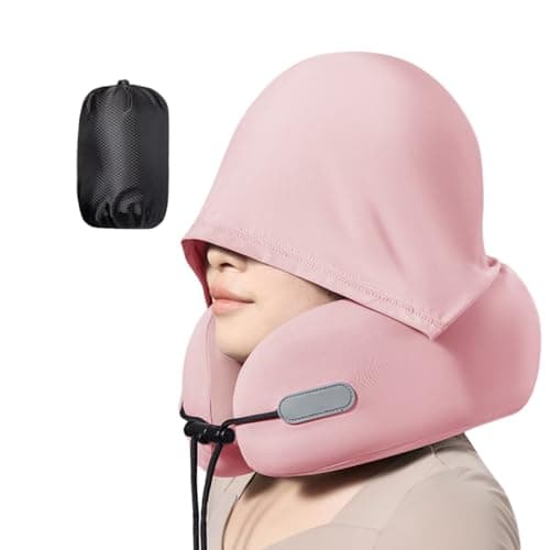 FANPOI Travel Neck Pillow with Privacy Hoodie Memory Foam 360° Neck & Chin Support Portable with Carry Bag Airplane Sleeping Pillow for Comfort (Pink)