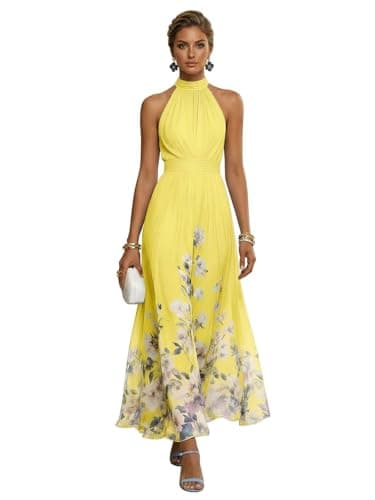 XZTWYMH Yellow Halter Bridesmaid Dresses for Wedding Long Chiffon Printed Flower Formal Dress Ruched A Line Wedding Guest Dress Size 2