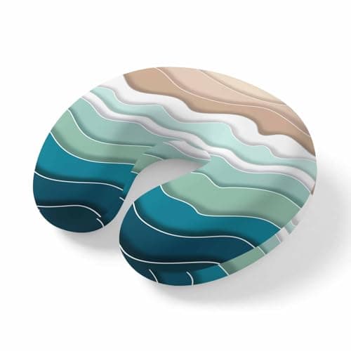 Teal Blue Ombre Stripe Travel Neck Pillow Memory Foam,Hand Neck Support Airplane Pillow for Traveling Bed Car Office Home,Abstract Summer Beach Coastal Flight Pillows with Removable & Washable Cover