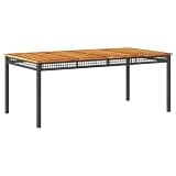 Garden Table Black with Acacia Wood Top, 70.9" x 35.4" x 29.5" Poly Rattan Dining Table for Patio Backyard