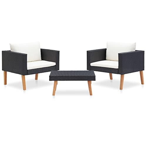 YELWHI 3 Piece Patio Lounge Set with Cushions Poly Rattan Black Garden Furniture