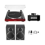 Audio-Technica AT-LP60XBT Bluetooth Fully Automatic Stereo Turntable (Red) with Desktop Amplifier and Full-Range Speakers (2 Items)