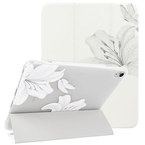 Lovmooful Compatible for iPad Air 6th 11-Inch M2(2024),iPad Air 5/4(2022/2020 5th/4th Generation 10.9-Inch) Case with Pencil Holder Cute Lily Flower Butterfly Soft TPU Trifold Stand Protective-White