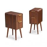 ETRONA LIVING Fluted Narrow Nightstands Set of 2 with 2 Drawers, Slim Bedside Tables on Tapered Legs, Walnut Matching Side Tables with Gold Handles for Bedroom