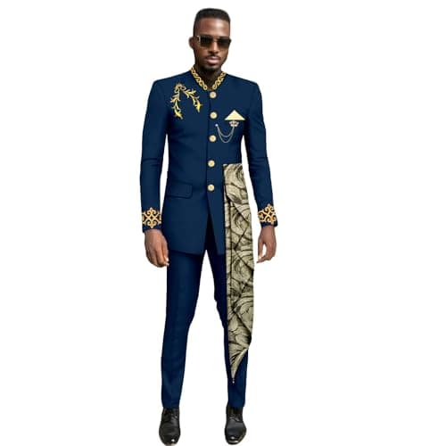 Men`s Business Suits Slim Fit Single Beasted Lined Embroidery Blazer and Pants Set Dashiki Outfits Brown XX-Large