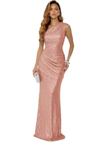 Sotytic Sequin Corset Prom Dresses 2026 Long for Women Mermaid One Shoulder Backless Formal Dress Ruched Sparkly Evening Party Gowns Rose Gold US00