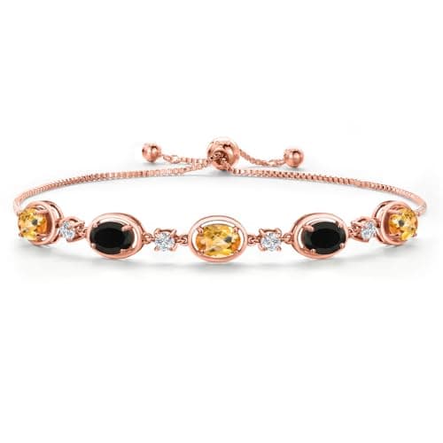 Gem Stone King 18K Rose Gold Plated Silver Yellow Citrine and Black Onyx and Moissanite Tennis Bracelet For Women | 3.58 Cttw | Gemstone November Birthstone | Oval Checkerboard 7X5MM | Fully