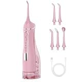 Water Flosser for Teeth Cleaning: Cordless Portable Water Dental Pick, 4 Modes Rechargeable Oral Irrigator with 5 Nozzles, 300ML IPX7 Waterproof Electric Flossers for Braces, Travel & Home Use, Pink