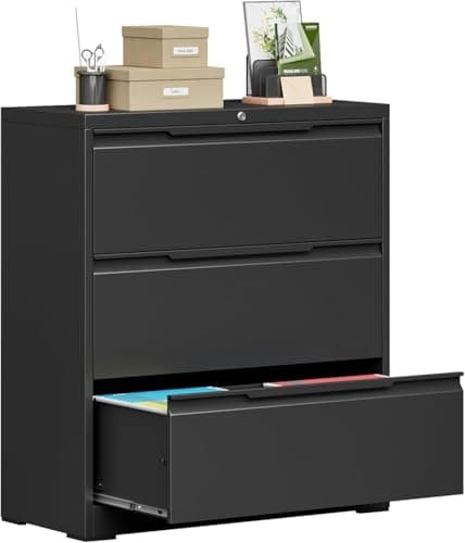 Yoonkool Lateral File Cabinet 3 Drawer, Metal File Cabinets for Home Office, Locking File Cabinet for Letter/Legal/F4/A4 Size Hanging Files, Black, Required Assembly