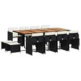 GHVBNMF 13 Piece Garden Dining Set with Acacia Wood Table, Black PE Rattan Patio Furniture Set, Space-Saving Cube Design with 8 Folding Chairs and 4 Stools for Backyard or Porch
