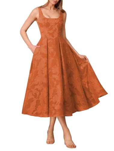 Burnt Orange Floral Lace Bridesmaid Dresses Tea Length Square Neck Pleated Formal Evening Dress for Women 2026 MJ101 8