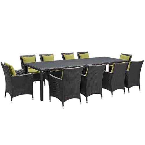 Oakestry Convene 11 Piece Outdoor Patio Dining Set with Peridot Cushions and Wicker Armchairs