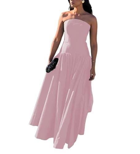 Strapless Satin Wedding Guest Dress A-Line Elegant Prom Dress Simple Formal Evening Party Gown for Women Pink