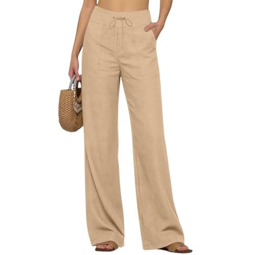 Womens Linen Pants Petite Size Summer Wide Leg High Waisted Casual Beach Vacation Lounge Wear Dressy Plus Size Pants Baggy Elastic Waist Lightweight Flowy Cotton Gauze Trousers With Pockets Beige M
