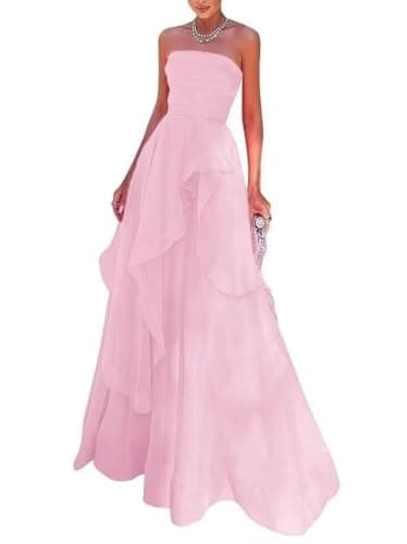 CRIEBDK Ruffles Chiffon A-Line Prom Dresses Strapless Corset Long Formal Evening Party Gown for Women 2026 BSXW80-12 Pink