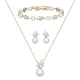 SWEETV Gold Bridal Jewelry Set for Wedding, Cubic Zirconia Pearl Floral Bridal Earrings Necklace Bracelet Set, Formal Prom Jewelry Set for Women