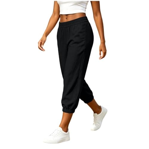 Elneeya Linen Joggers for Women Summer Elastic Waist Pull on Capris Casual Straight Leg Capri Lightweight Joggers Cute Athletic High Waisted Petite Pants Dressy Petite Linen Trousers