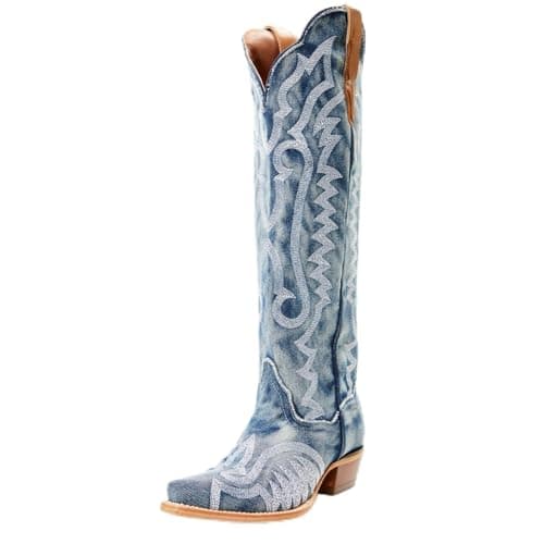 Aorikro Women's The Western Cowboy Cowgirl Boots Mid Calf Low Heel Pointed Toe Boots for Women Casual Boots -Blue Denim