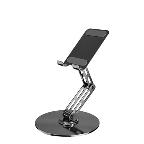 TS16 Foldable Tablet Stand for Desk, Adjustable Metal Phone Holder with Portable Design and Charging Cable Access Black