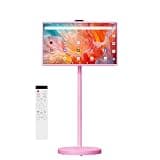 VLH 32 Inch Portable Smart TV on Wheels, 1080P Touchscreen TV with Built-in 38,400mAh Battery, Android 15, 8GB RAM + 128GB Storage, 5MP Camera, Voice Remote for Bedroom, Kitchen, Office(Pink)