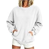 Corduroy Sweatshirts for Women Crew Neck Long Sleeve Waffle Pullover Fall Winter Causal Lounge Top with Pocket White