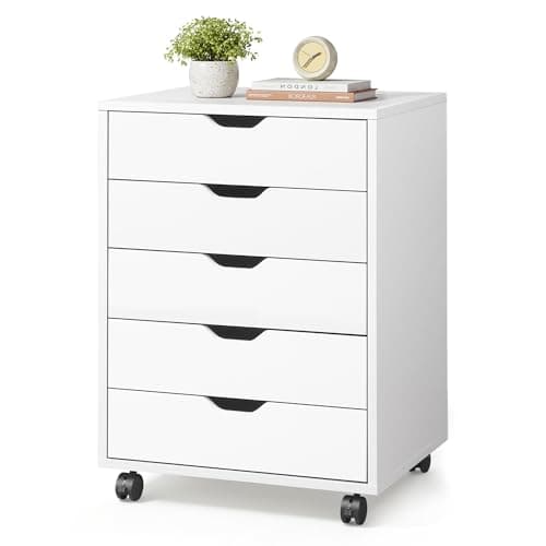 DEVAISE 5 Drawer File Cabinet, Wood Under Desk Drawers Chest Rolling Vertical Filing Cabinet Storage Furniture for Office Home White