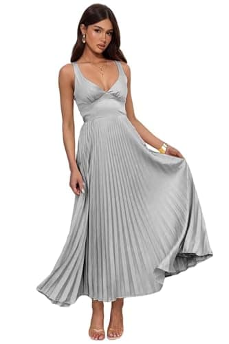 LISEJIU Satin Pleated Formal Dresses for Women Spaghetti Straps Silver Bridesmaid Dress Silver US12