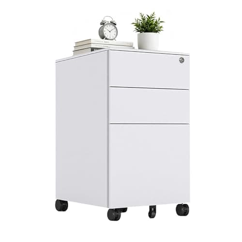 BNJ BAI NUO JIA File Cabinet for Home Office, 3-Drawer Metal Filing Cabinet, Under Desk File Cabinets with Wheels, Fully Assembled Rolling File Cabinet with Lock (White, 11.8" L*19.7" W*23.6" H)