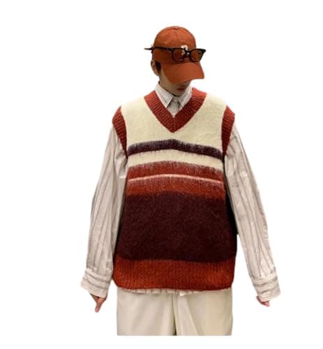 Men Contrast Knitted V Neck Sweater Vest Sleeveless Loose Fit Pullover Waistcoat Red M